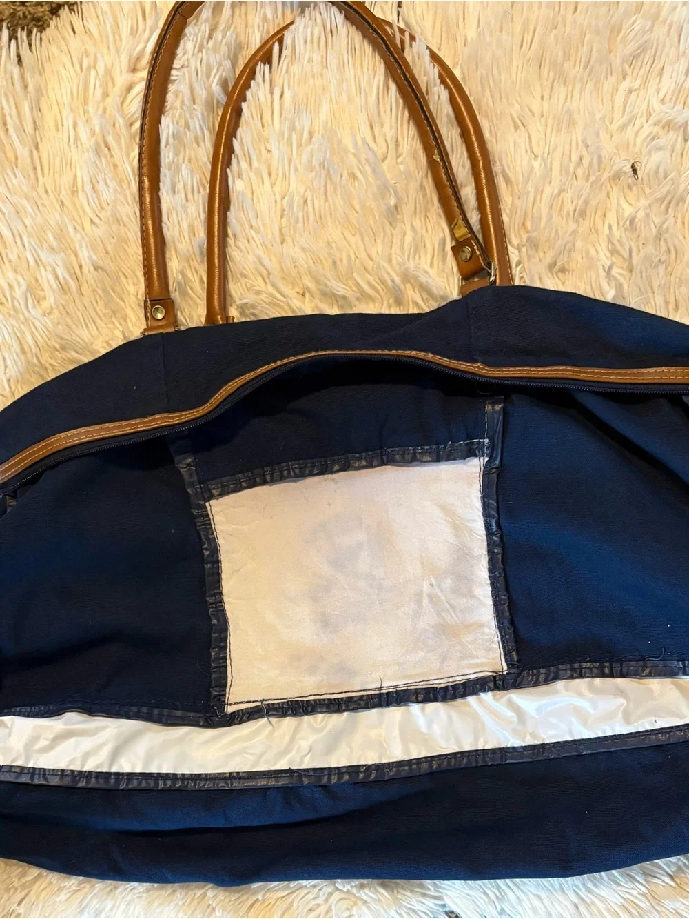Y2K Navy Winnie the Pooh Baby Bag with Tan Handles